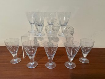 Set Of Nine Mid-century Etched Glass Cordial Or Wine Glasses