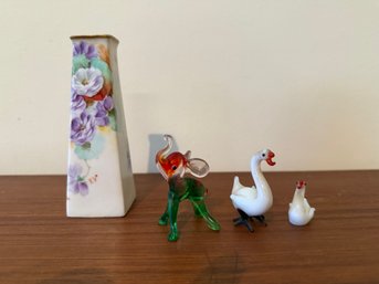 Murano Glass Miniature Swans/ Elephant And Firenze Italian Vase