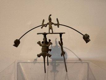 Vintage Folk Art Brass Balancing Sculpture With Human And Alligator Figures.