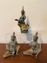A Set Of Three Vintage Thai Bronze Figurines Of Musicians And Dancers