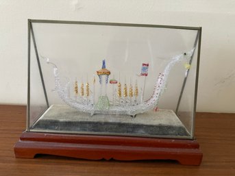 Hand Blown Glass Dragon Boat Glass Case Thailand 1950s Oars Flag Spires Lantern