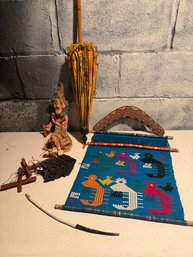 Guatemalan Textile Wall Hanging, Marionette Puppet, Boomerang, Parasol, Wooden Stamp, & Carved Pencil