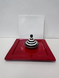 Chabi Chic Black And White Stripe Jar, Sam & Squito White Platter, And Red Platter Made In Italy