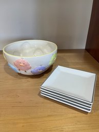 Blossoms And Blooms Chick Bowl And 4 Serving Plates