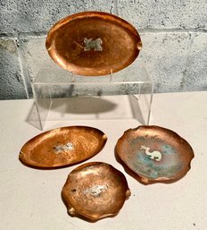 Hammered Copper Dishes With Inlaid Stylized Animal Designs