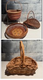 Japanese Hand-woven Bamboo Basket, Heart Shaped Woven Basket With Decorative Glass Balls, & Gathering Basket
