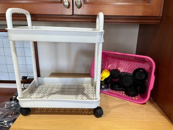 Under Cabinet Rolling Shelves With Bin And Assorted Beverage Toppers