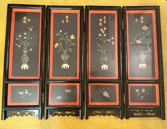 Vintage Chinese Four-panel Tabletop Screen With Inlaid Jade And Stone Floral Motifs