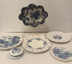 Blue/white Mostly Ironstone Plates And Trinket Boxes