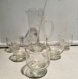 Vintage Etched Rose Glass Cocktail Pitcher Set With Five Glasses And Stirrer.