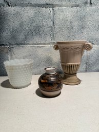 White Milk Glass Hobnail Vase, Small Studio Pottery Bud Vase, & Cream-colored Ceramic Urn
