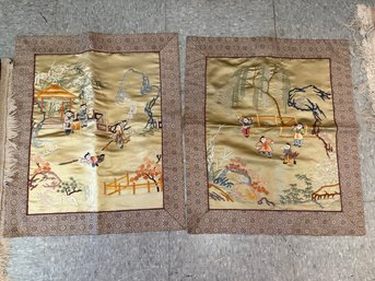 Antique Chinese Silk Embroidery Panel Depicting Children Playing Under A Willow Tree