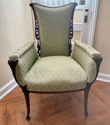 Louis XVI Style Carved Mahogany Wingback Armchair With Pale Green Upholstery