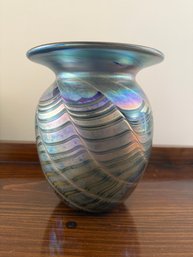 Iridescent Blue Pulled Feather Art Glass Vase