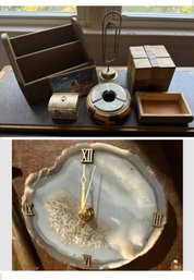 Vintage-style Home Decor Items: Agate Table Clock, Small Decorative Chest, Wooden Puzzle Box & More