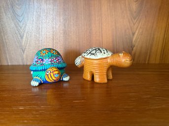 Lisa Larson Ceramic Turtle Figurine & Mexican Hand-painted Ceramic Turtle Trinket