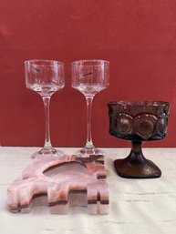 Noritake Spotlight Purple Glass Goblet, Pink Marble Mid Century Ashtray And 2 Tall Glass Ware