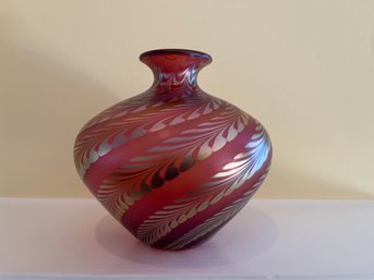 Iridescent Art Glass Vase With Pulled Feather Pattern By Steven V. Correia