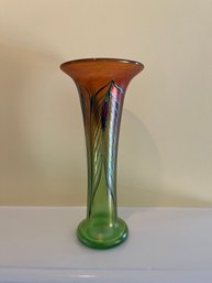 Signed Robert Held Art Glass Green Iridescent Vase