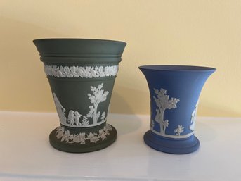 Wedgewood Jasper Ware Vases Green Frog Vase And Blue Bud Vase
