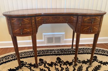 Antique English Mahogany Writing Desk With Intricate Marquetry Inlay.