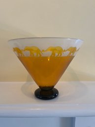 Limited Edition Correia Art Glass Etched Amber And White Elephant Bowl 217/500