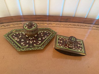 19th-century Champlev Enamel Inkwell And Blotter Desk Set