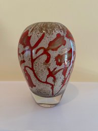 Kosta Boda Art Glass Vase With Abstract Red And Gold 'Floating Flowers' Design
