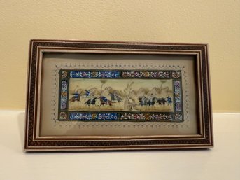 Persian Miniature Painting Of A Hunting Scene In A Khatamkari Frame