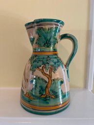 Hand-painted Glazed Ceramic Toledo Spain Pitcher With Bifurcated Spout