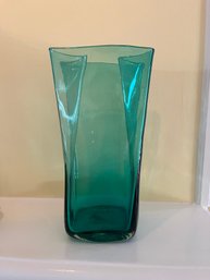 Hand-blown Aqua Green Blenko Glass 'Paper Bag' Vase