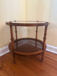 Wood Bamboo Like Two-tiered Side Table With Glass And Cane.