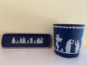 Wedgwood Dark Blue Jasperware Cachepot & Wedgwood Portland Blue Jasperware Rectangular Trinket Tray