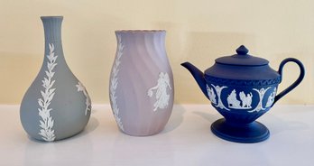 Wedgwood Lilac Jasperware Vase With The Dancing Hours, Dark Blue Jasperware Miniature Teapot & Blue Bud Vase