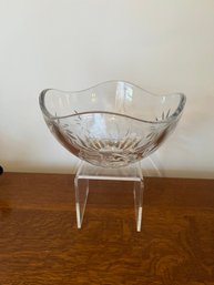 Clear Glass Serving Bowl With Etched Patterns And A Scalloped Rim