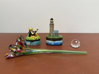 A Multi-colored Blown Art Glass Flower With A Long Stem, Trinket Boxes And Glass Small Sphere