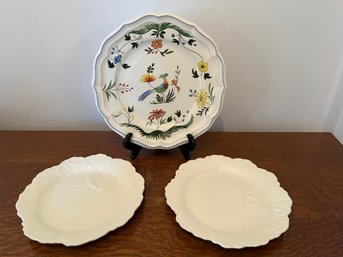 Two White Wedgewood Lettuce Plates And Gien (France) Plate