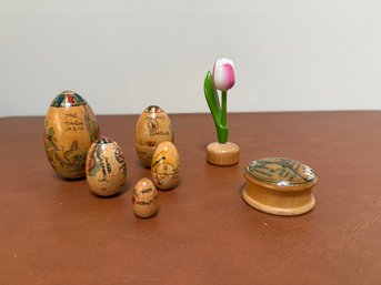 Hand-painted Wooden Nesting Dolls With Map Motifs, Wooden Tulip, Hand-painted Wooden Box W/ An Old World Map