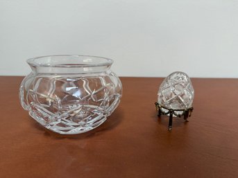 Waterford Nocturne Cut Crystal Rose Bowl & Vintage Faberg Etched Crystal Egg