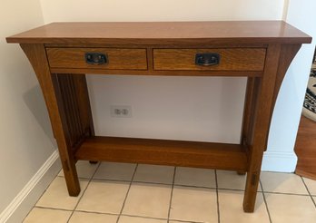 Stickley-style Mission Oak Console Table With Two Drawers And A Shelf