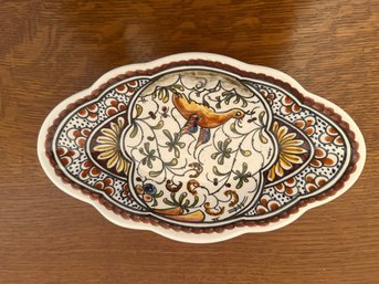 Hand-painted Portuguese Ceramic Bowl With Bird And Floral Motifs