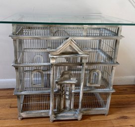 Vintage French Victorian-style Decorative Wood Birdcage Table With Glass Top.