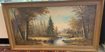 Oil On Canvas Landscape Painting By Sid Winter Depicting A Forest Stream