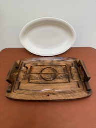 Vintage Japanese Wooden Carving Board With A White Oval Platter