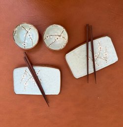 Japanese Ceramic Set With Plum Blossom Motif And Chopsticks