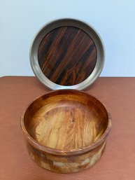 Mid-century Mosaic Wood Serving Bowl With A Metallic Rimmed Tray