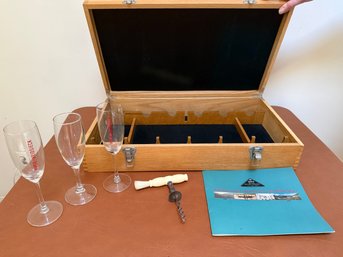 Piper-Heidsieck Branded Champagne Flutes, Dows Vintage Port Box, Manual Corkscrew, And A Promotional Booklet