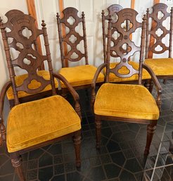 American Of Martinsville Vintage Spanish Revival Style Oak Dining Chairs With Yellow Velvet Upholstery.