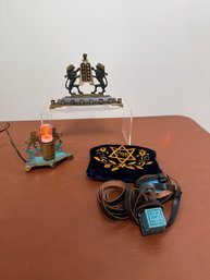 Brass, Hanukkah Candelabrum, Tefillin Leather Boxes Containing Torah Scrolls & Electric Menorah Light