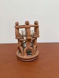 Fired Clay Candle Holder With Figures In A Circle Signed